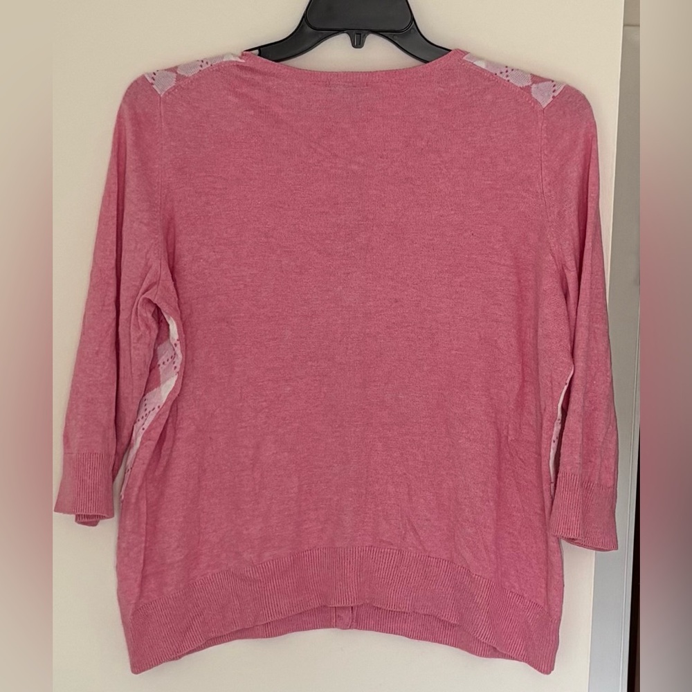 Talbots Pink & White Argyle Cardigan 3/4 Sleeves Plus Petites Preppy Academic - Picture 3 of 5